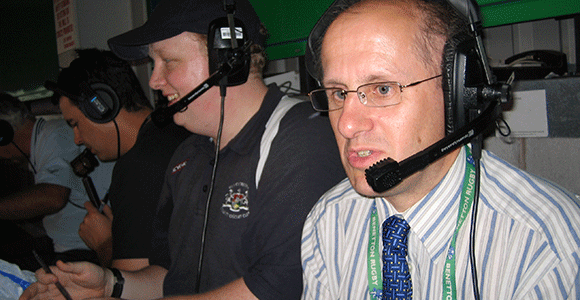 Ian Randall commentating at Crewe Alexandra's Gresty Road ground